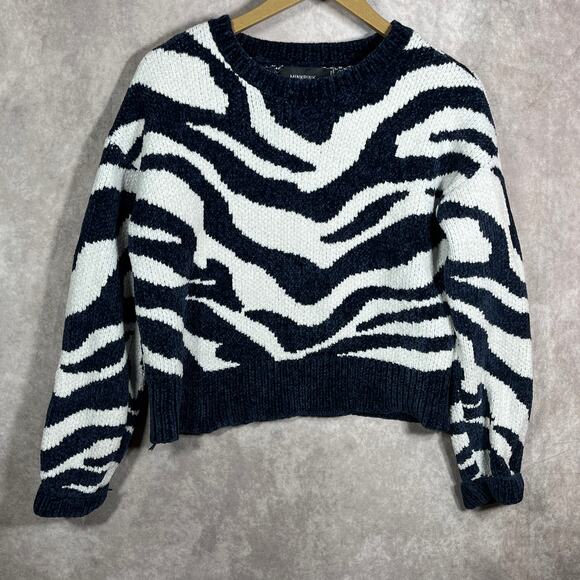 MINKPINK Sweater Womens Small Blue White Zebra Striped Knit Pullover Long Sleeve - Picture 1 of 9